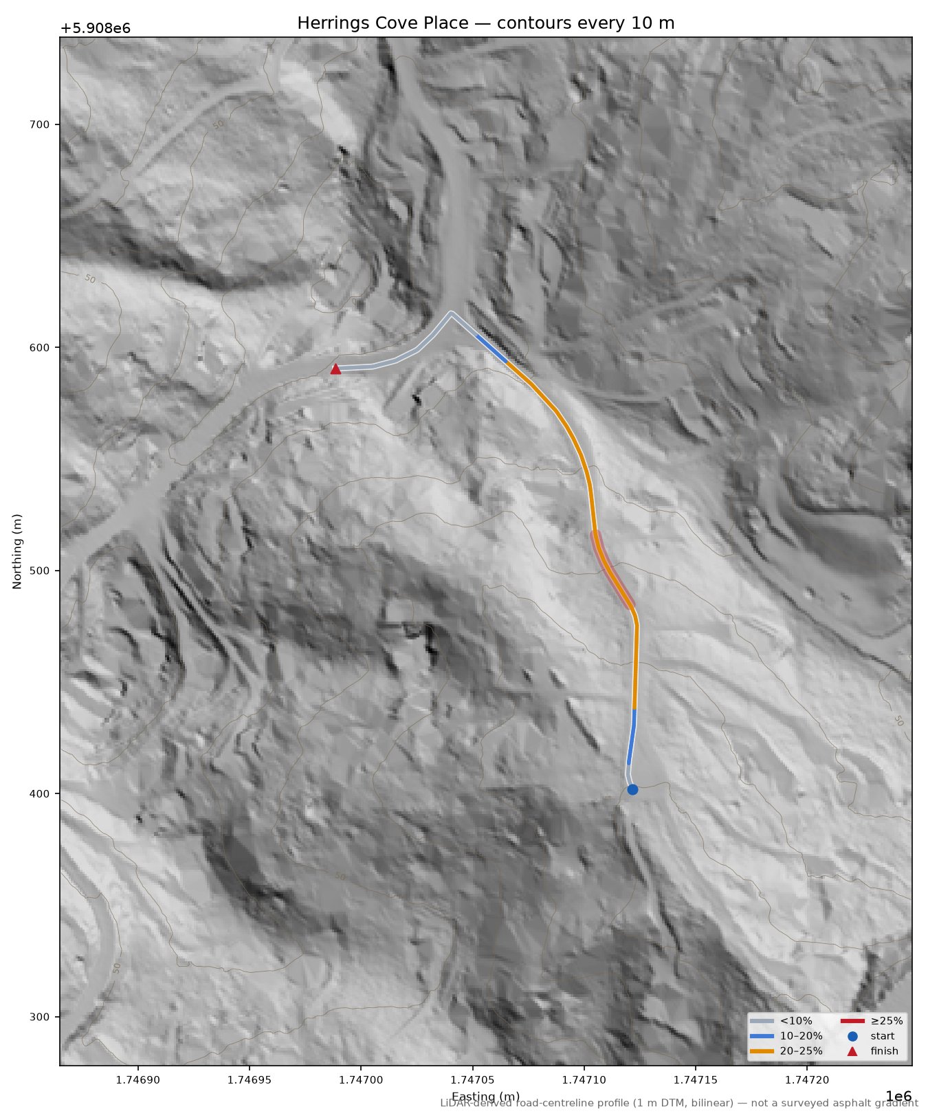 Herrings Cove Place LiDAR hillshade map with contours