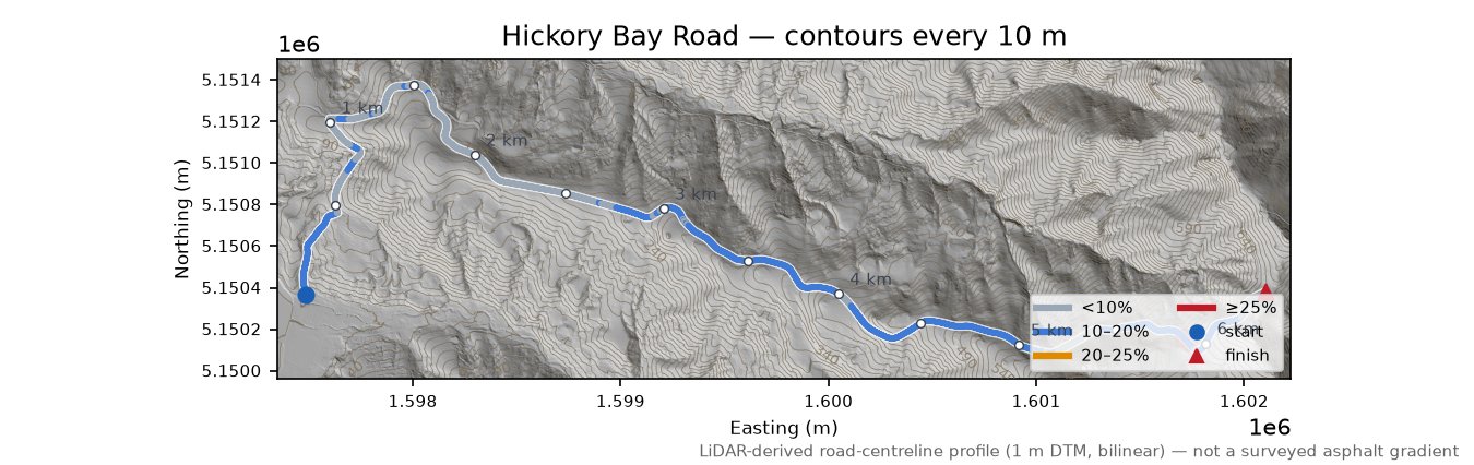 Hickory Bay Road LiDAR hillshade map with contours