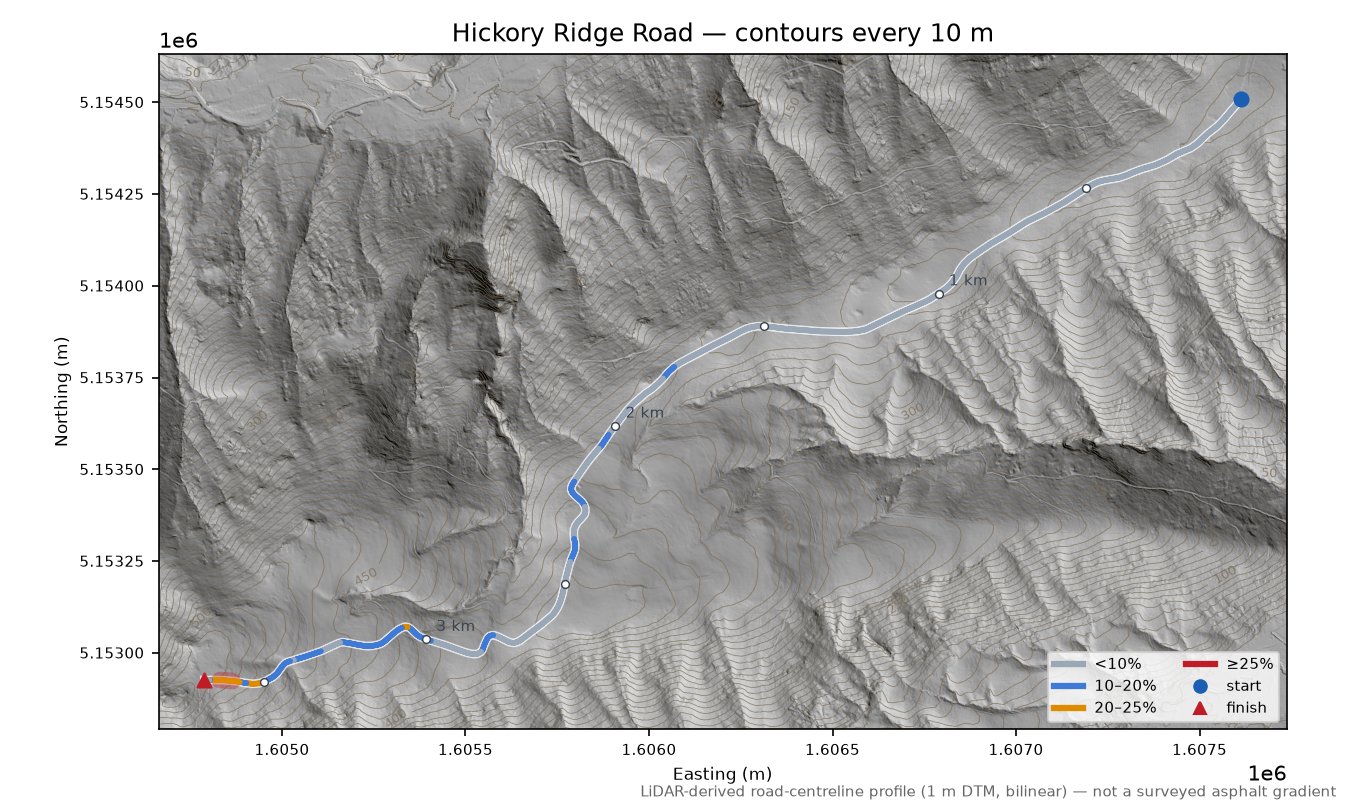 Hickory Ridge Road LiDAR hillshade map with contours