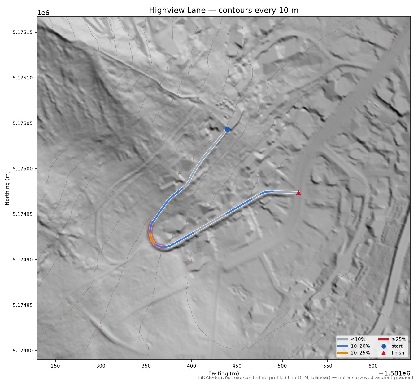 Highview Lane LiDAR hillshade map with contours