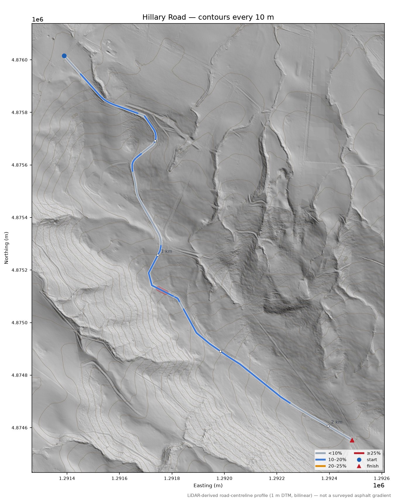 Hillary Road LiDAR hillshade map with contours
