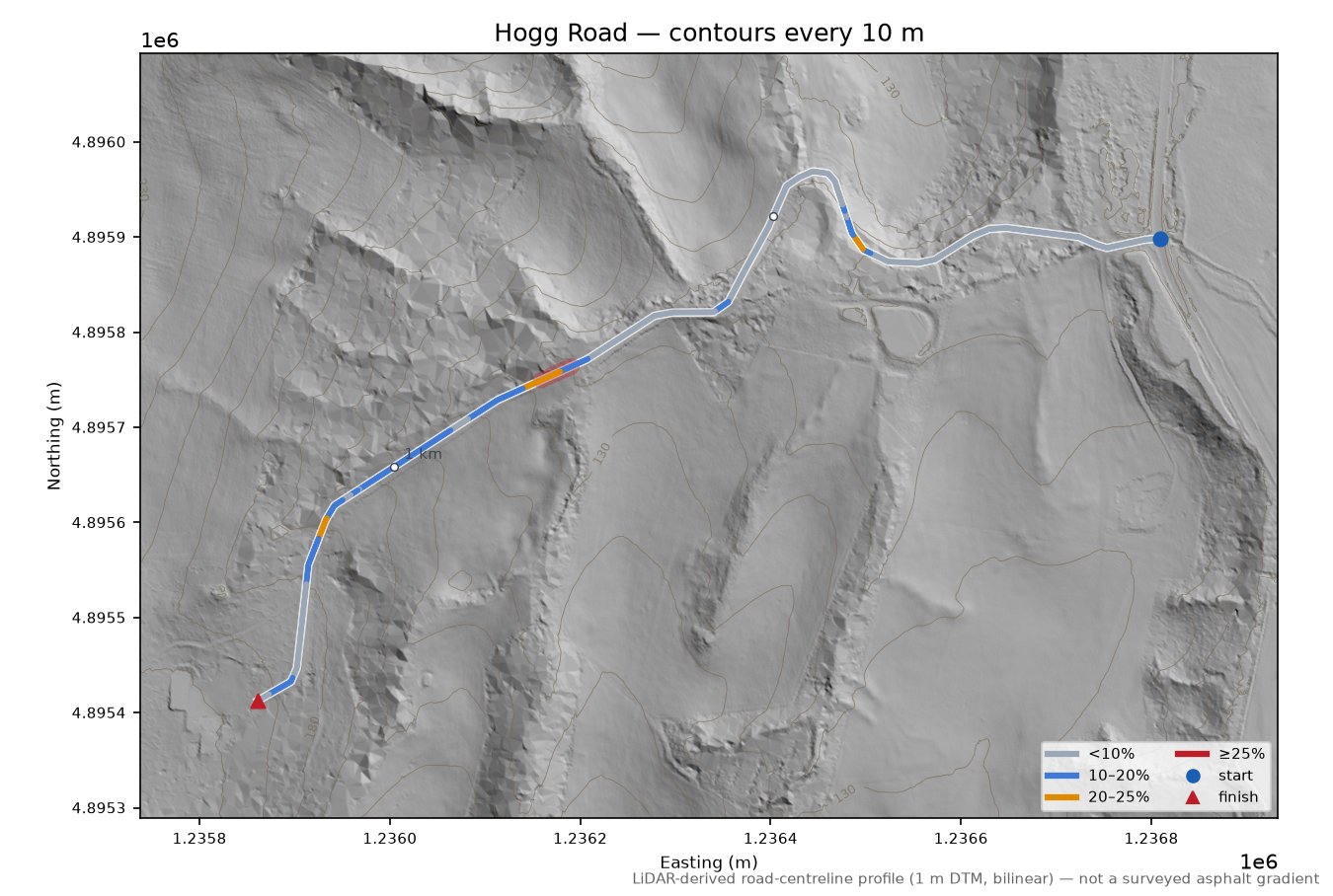 Hogg Road LiDAR hillshade map with contours