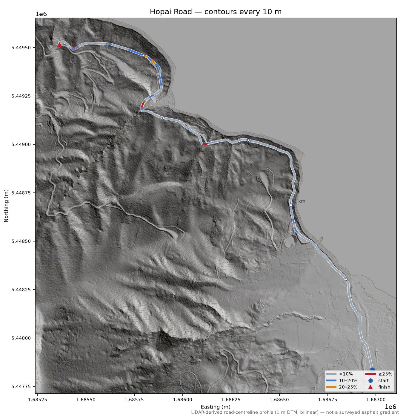 Hopai Road LiDAR hillshade map with contours