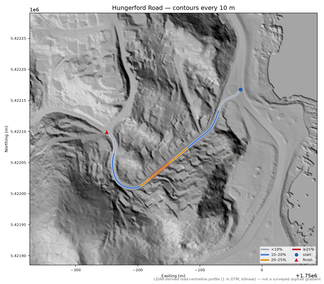 Hungerford Road LiDAR hillshade map with contours