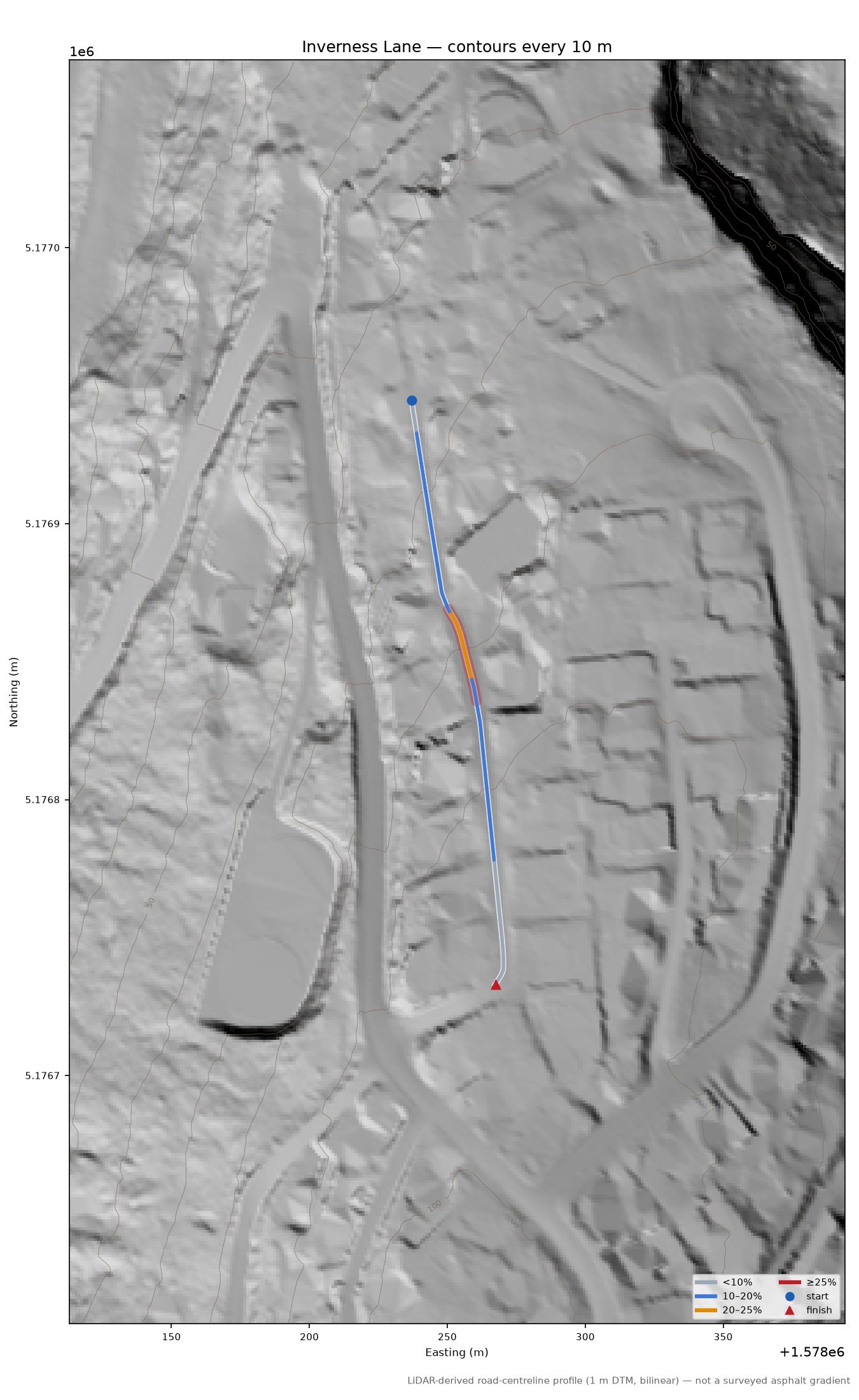 Inverness Lane LiDAR hillshade map with contours