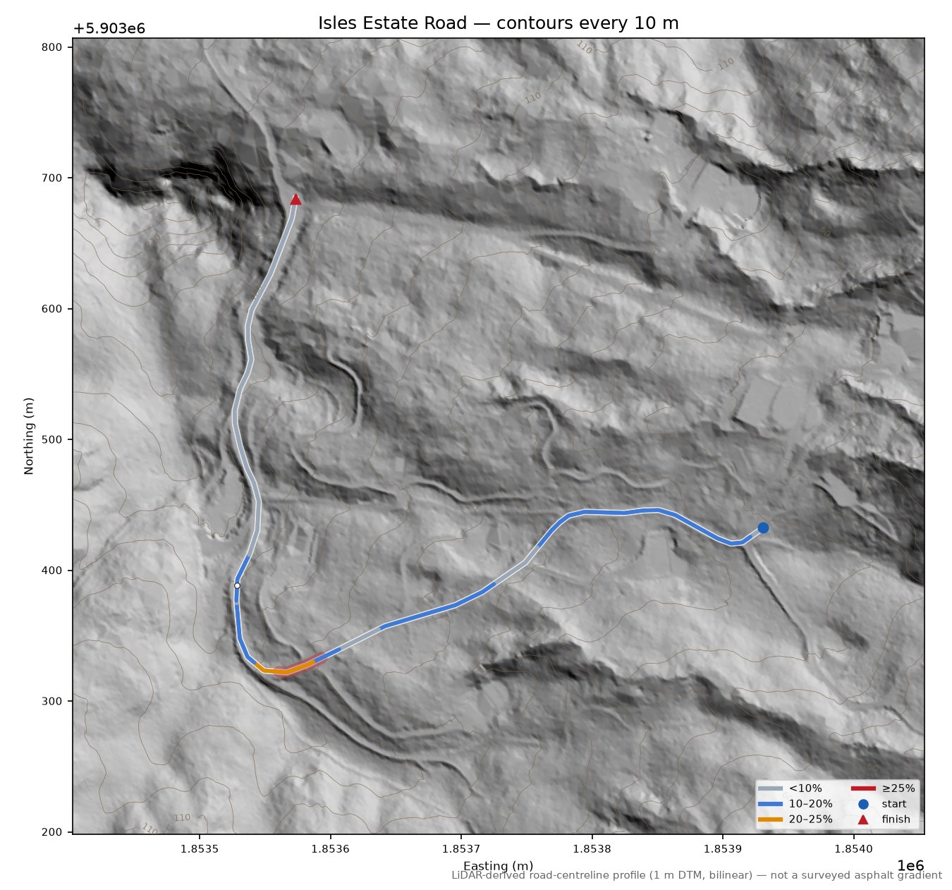 Isles Estate Road LiDAR hillshade map with contours