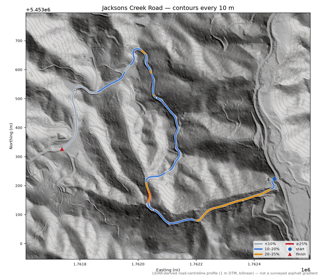 Jacksons Creek Road LiDAR hillshade map with contours