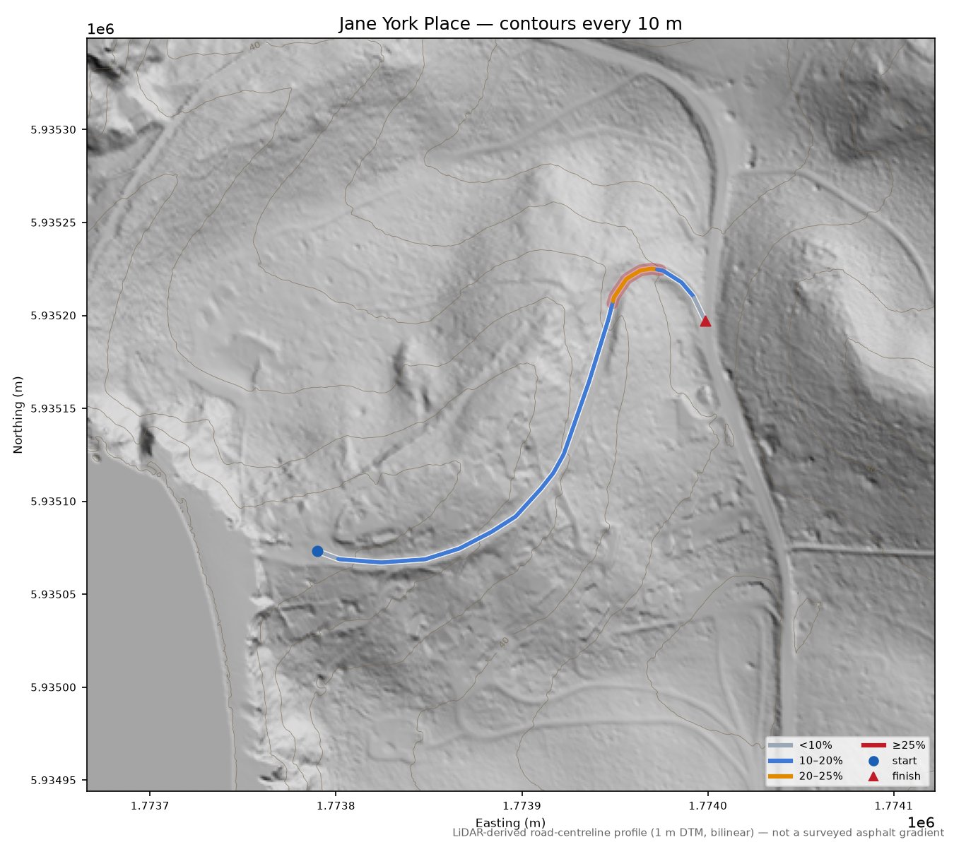 Jane York Place LiDAR hillshade map with contours