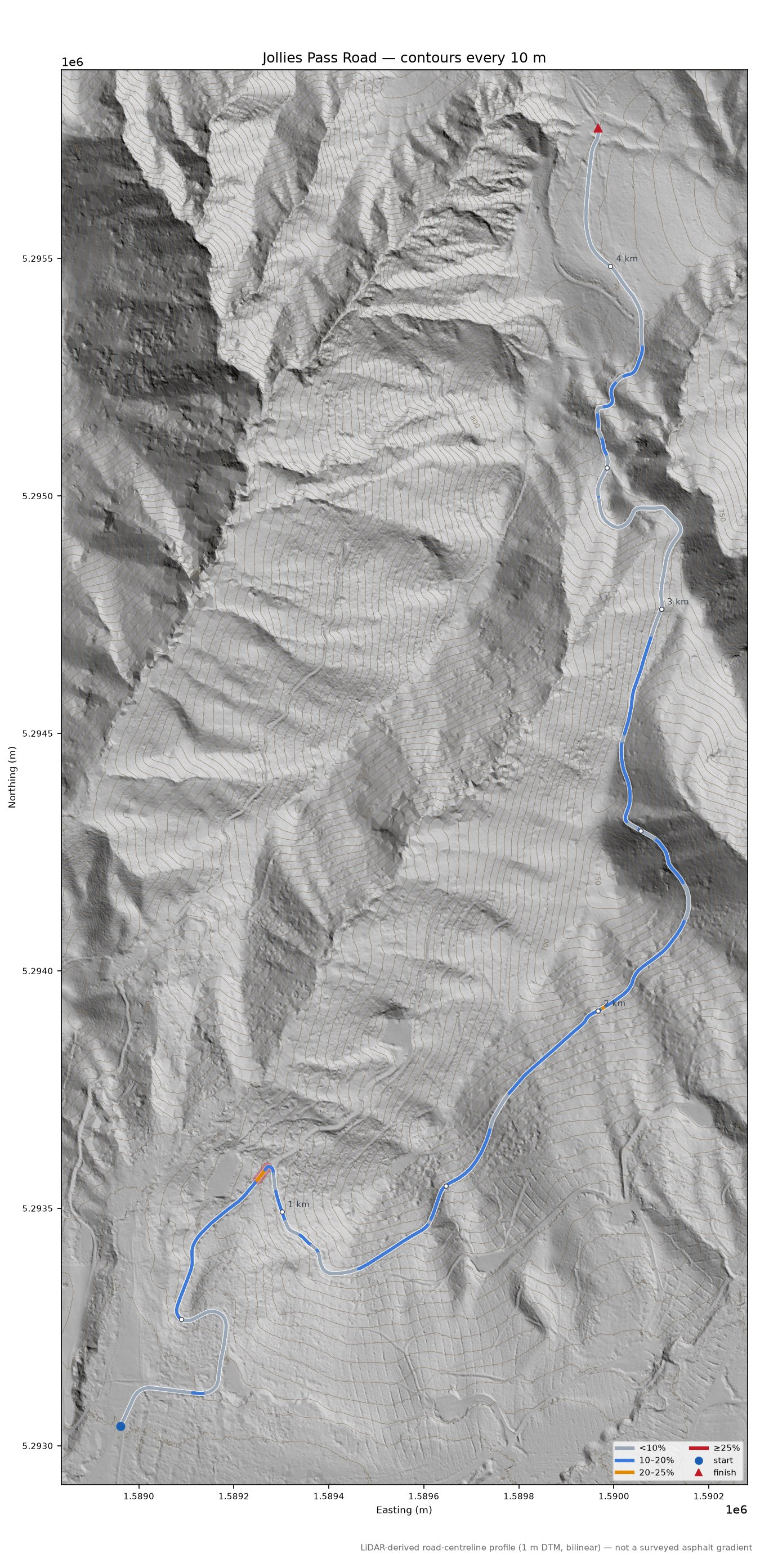Jollies Pass Road LiDAR hillshade map with contours