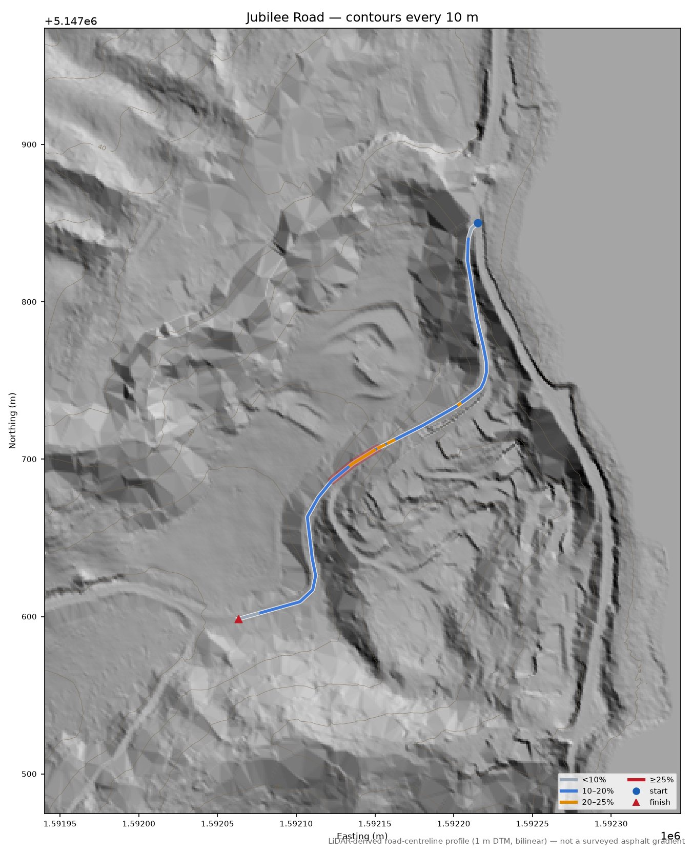 Jubilee Road LiDAR hillshade map with contours
