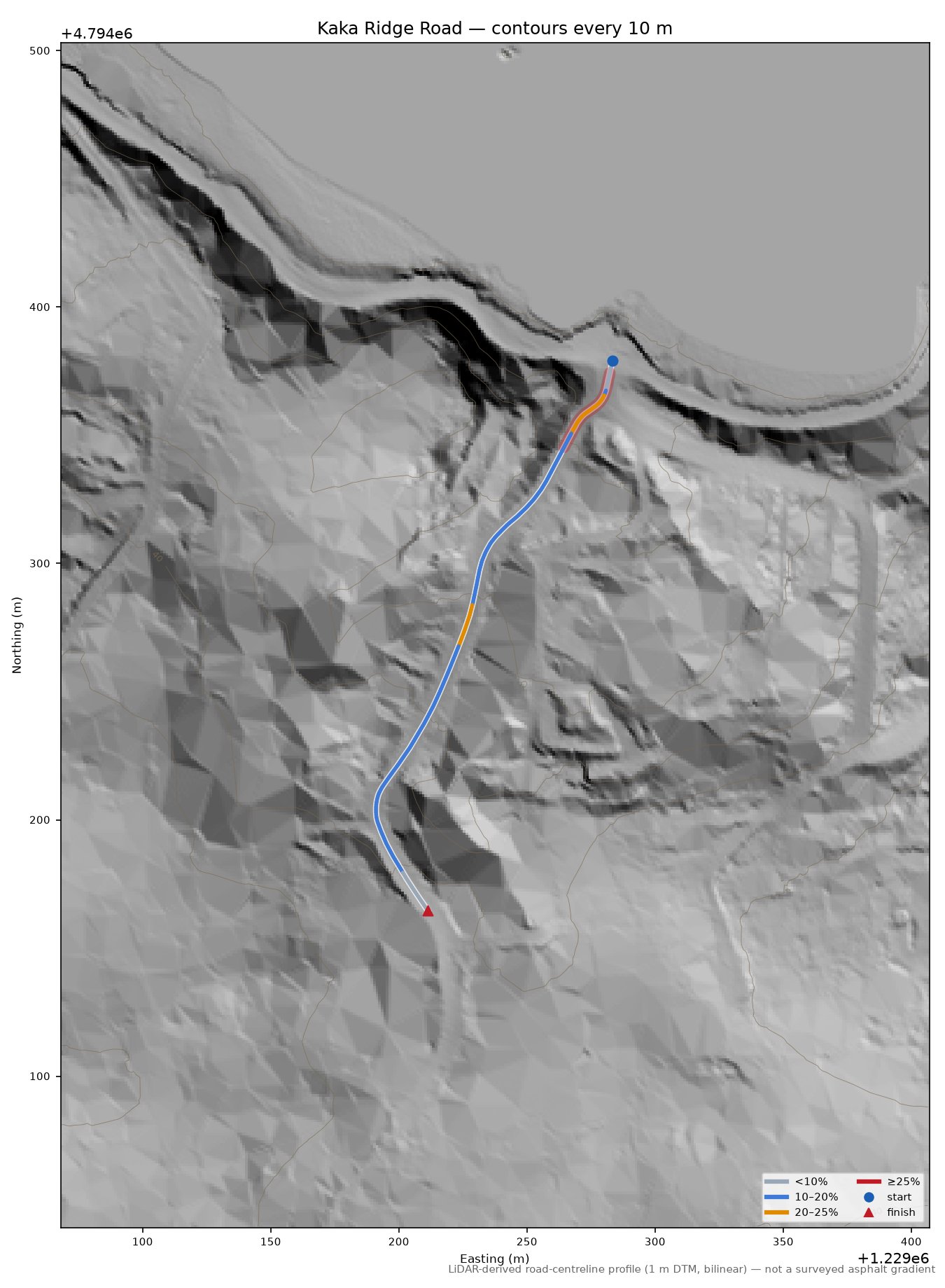 Kaka Ridge Road LiDAR hillshade map with contours