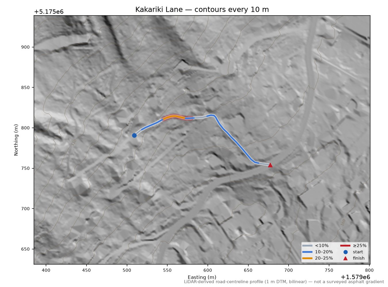 Kakariki Lane LiDAR hillshade map with contours