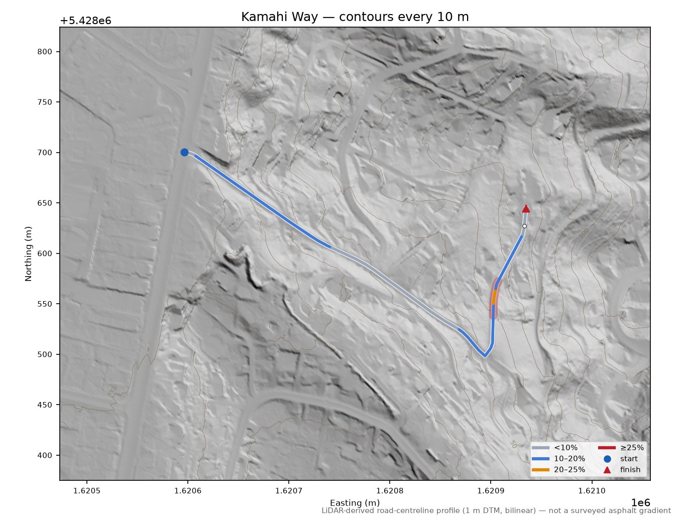 Kamahi Way LiDAR hillshade map with contours