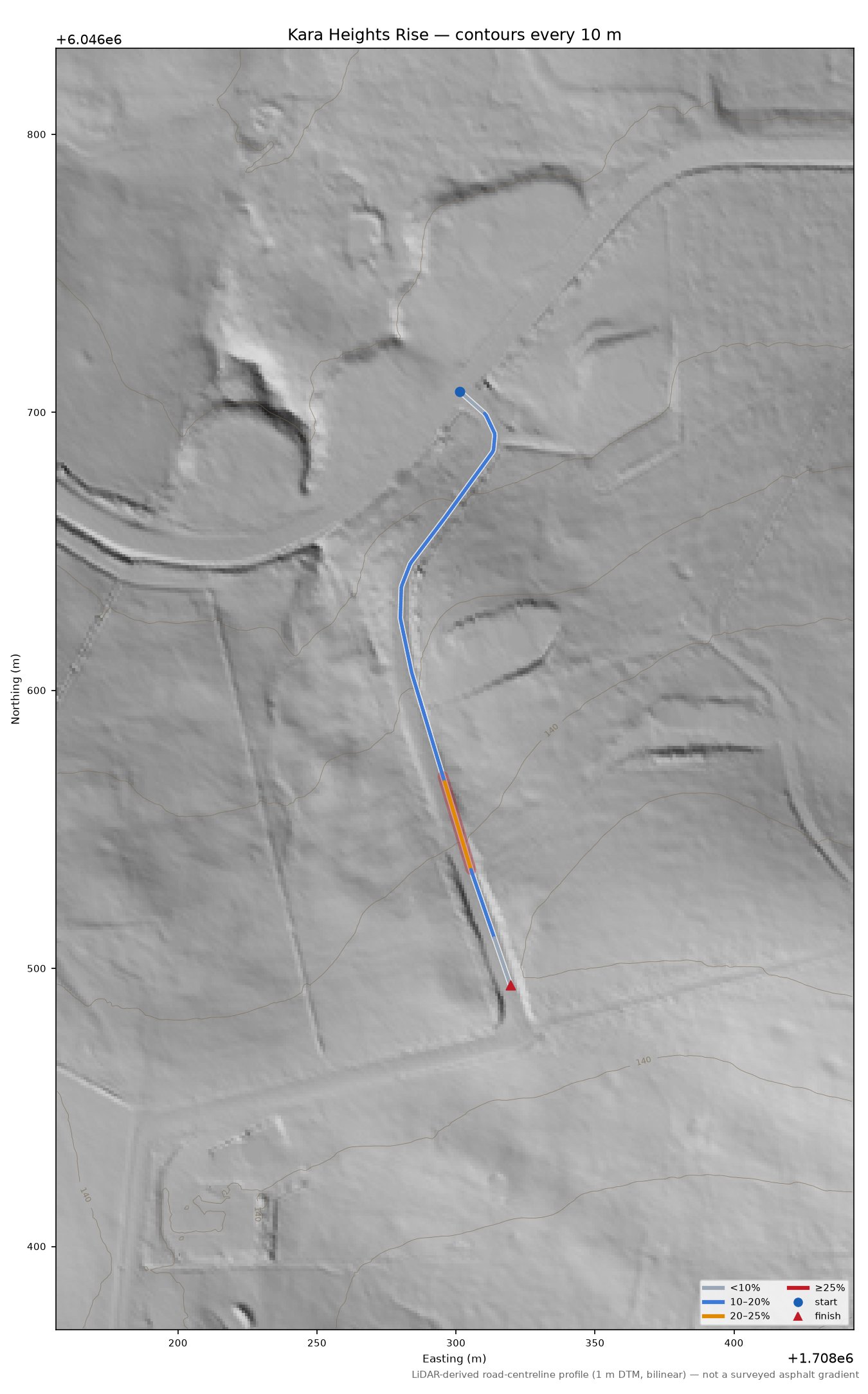 Kara Heights Rise LiDAR hillshade map with contours