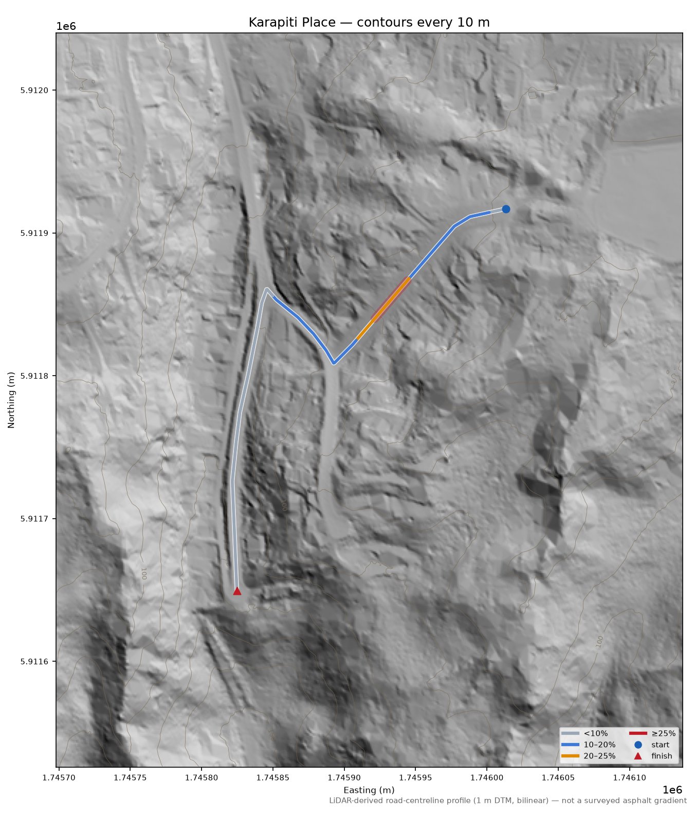 Karapiti Place LiDAR hillshade map with contours