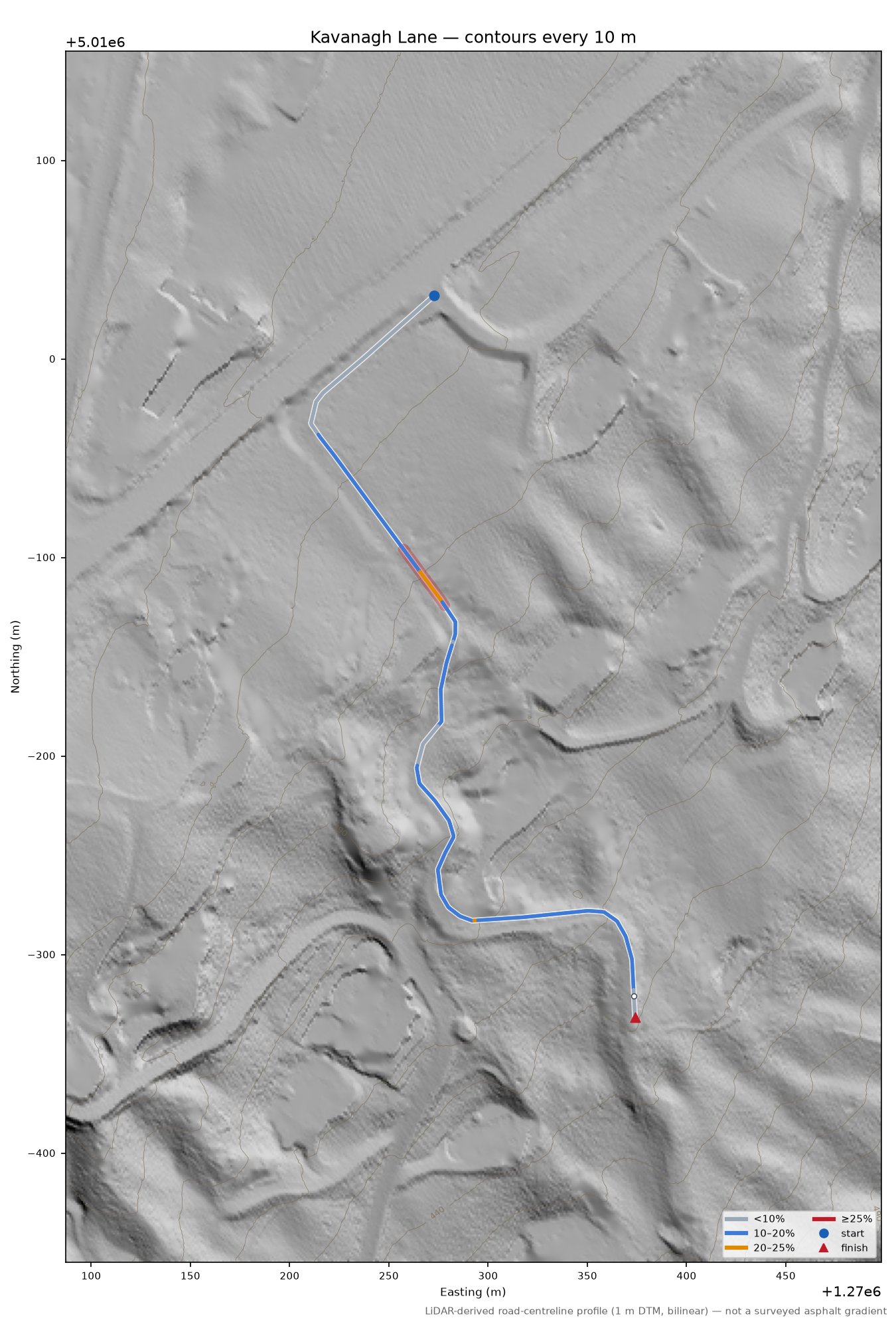 Kavanagh Lane LiDAR hillshade map with contours
