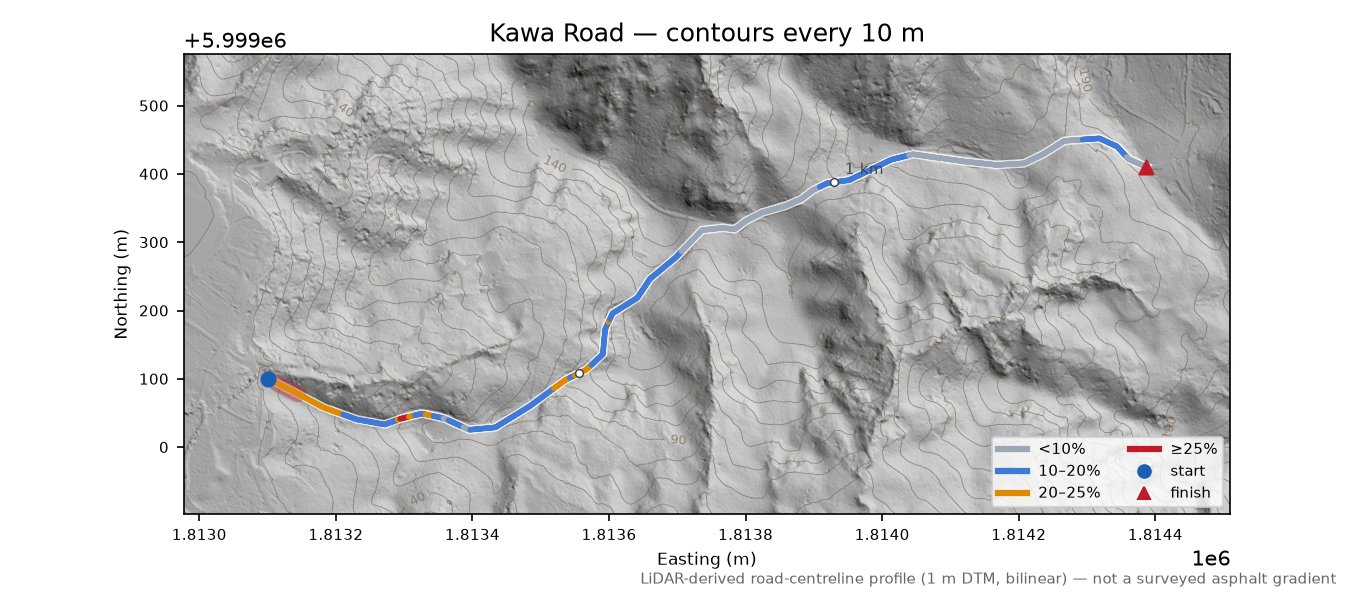 Kawa Road LiDAR hillshade map with contours