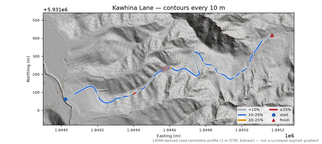Kawhina Lane LiDAR hillshade map with contours