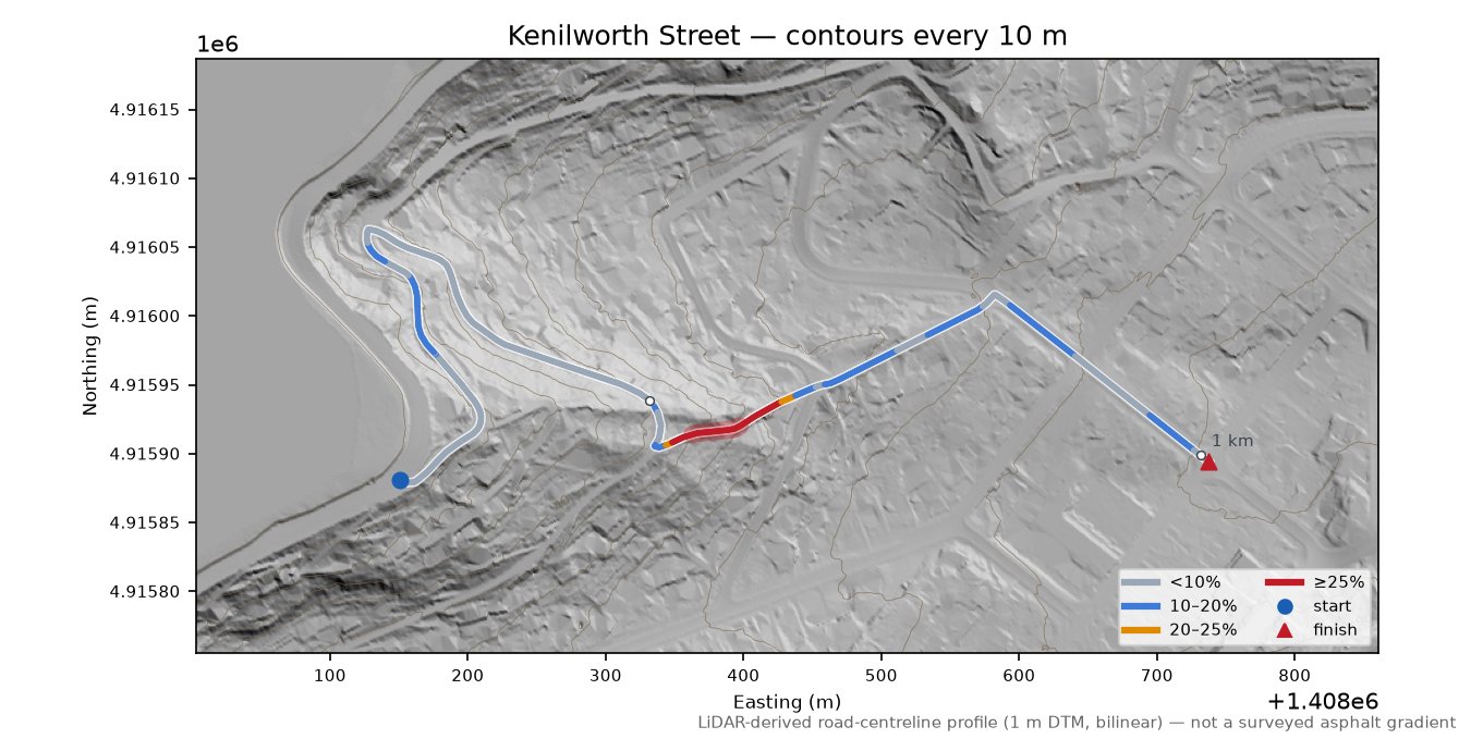 Kenilworth Street LiDAR hillshade map with contours