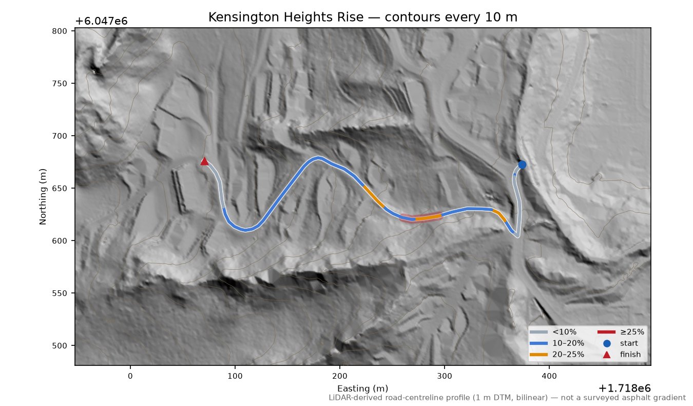 Kensington Heights Rise LiDAR hillshade map with contours