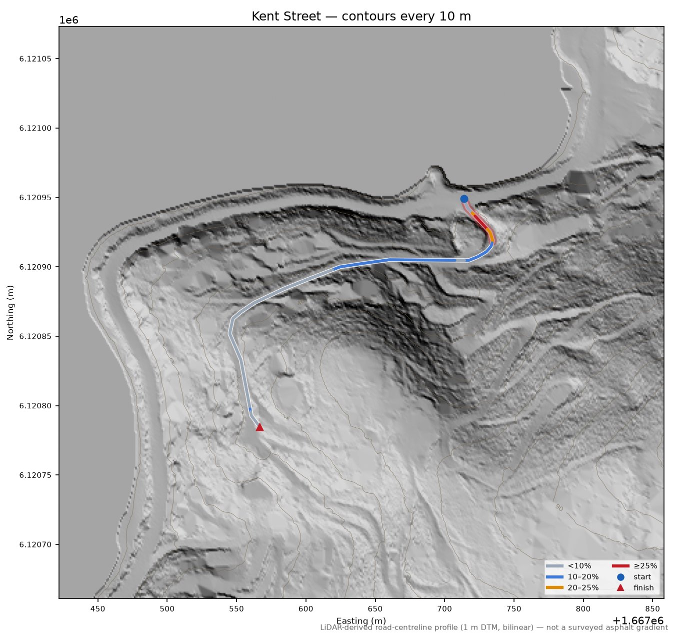 Kent Street LiDAR hillshade map with contours