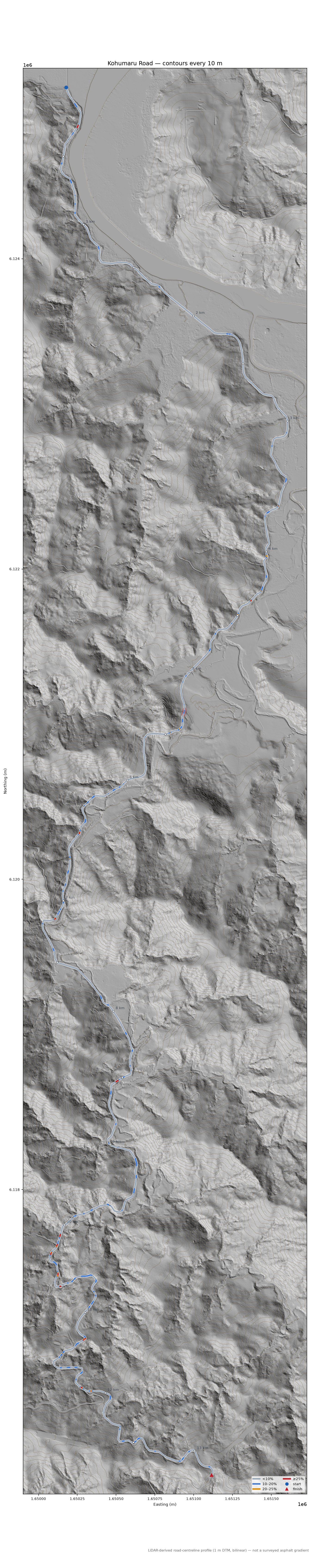 Kohumaru Road LiDAR hillshade map with contours