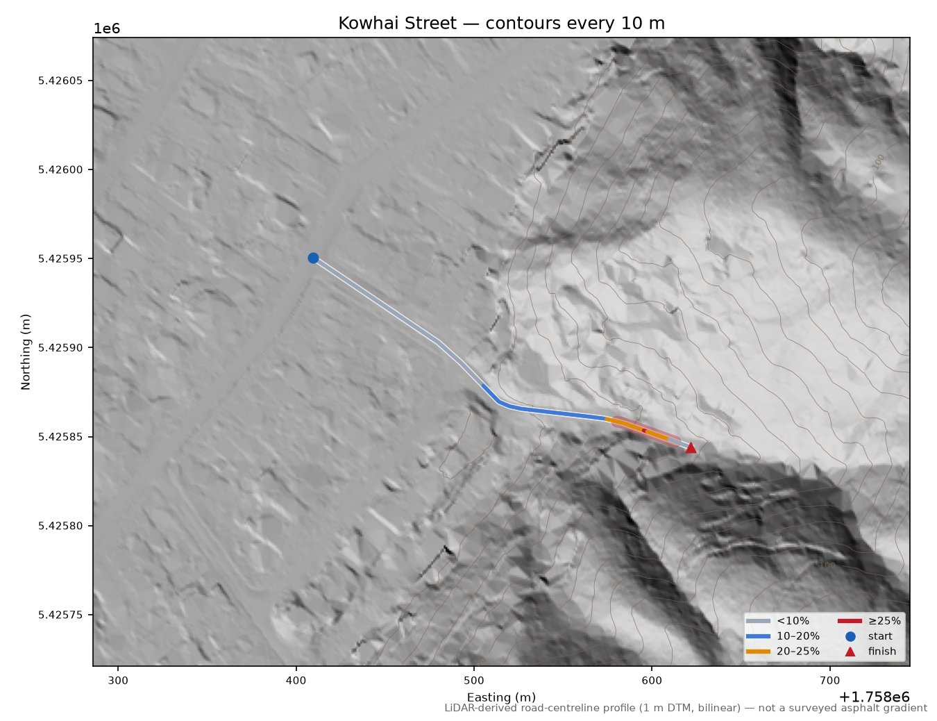 Kowhai Street LiDAR hillshade map with contours