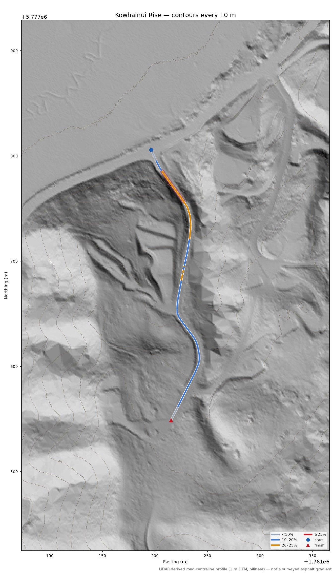 Kowhainui Rise LiDAR hillshade map with contours