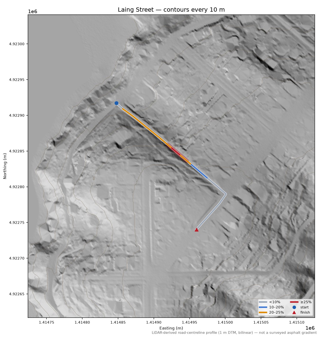 Laing Street LiDAR hillshade map with contours