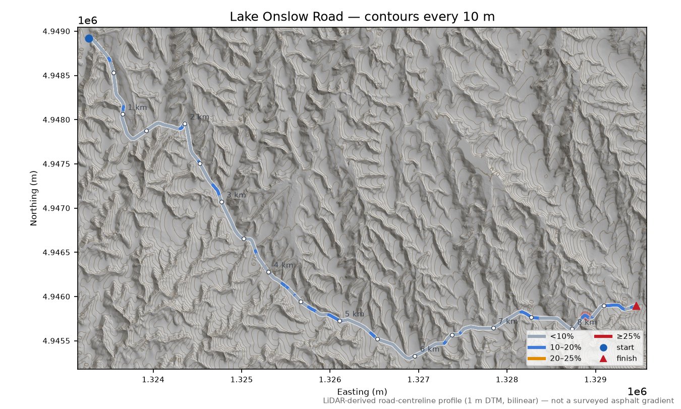 Lake Onslow Road LiDAR hillshade map with contours