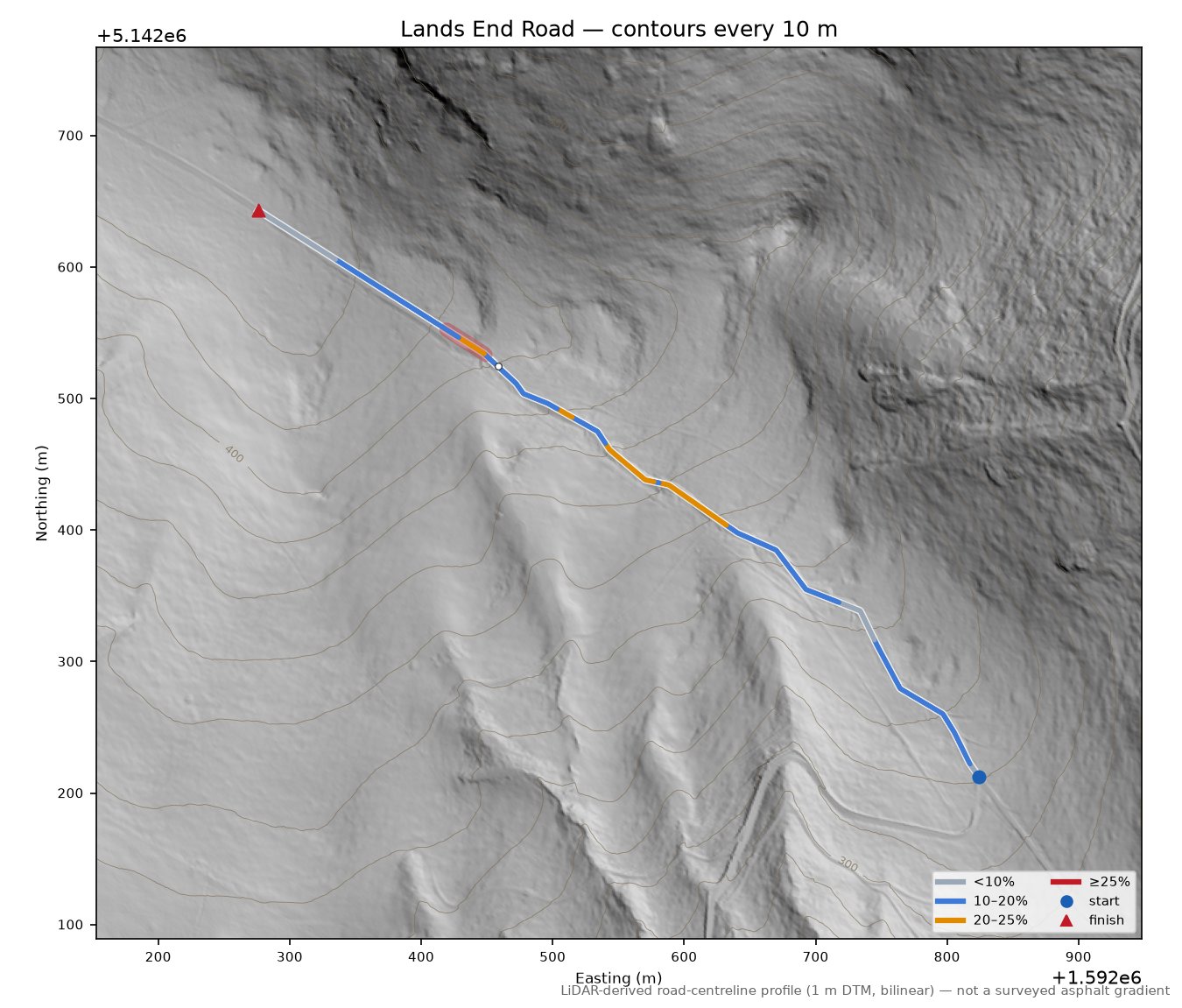 Lands End Road LiDAR hillshade map with contours