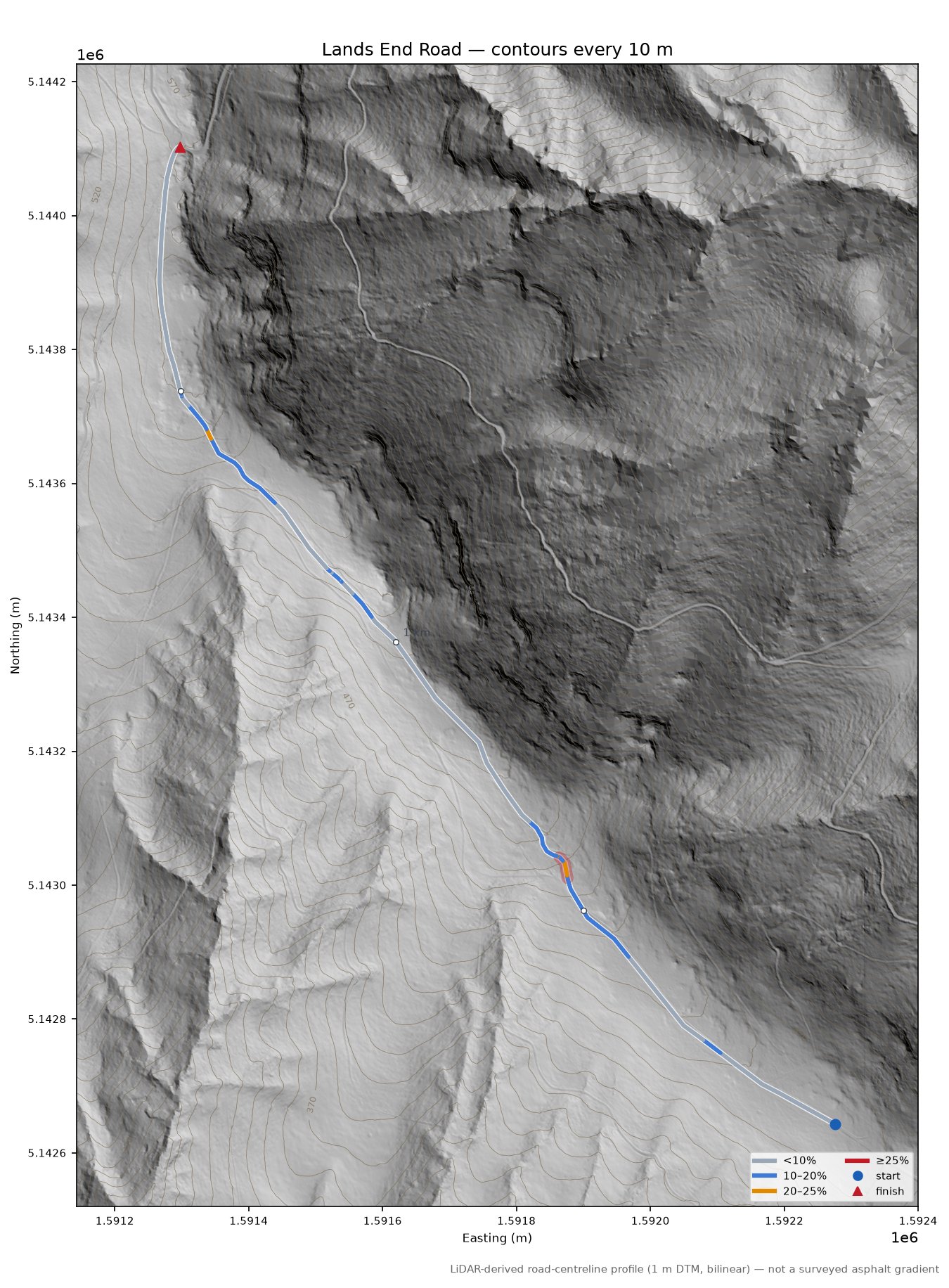 Lands End Road LiDAR hillshade map with contours