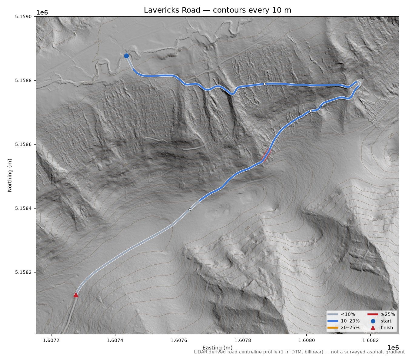 Lavericks Road LiDAR hillshade map with contours