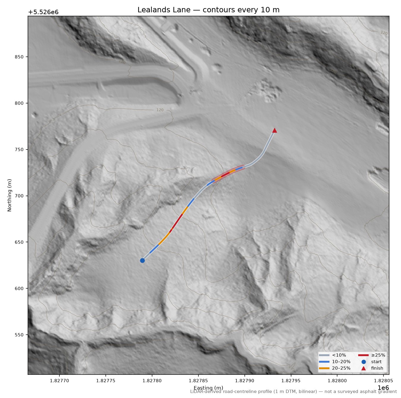 Lealands Lane LiDAR hillshade map with contours
