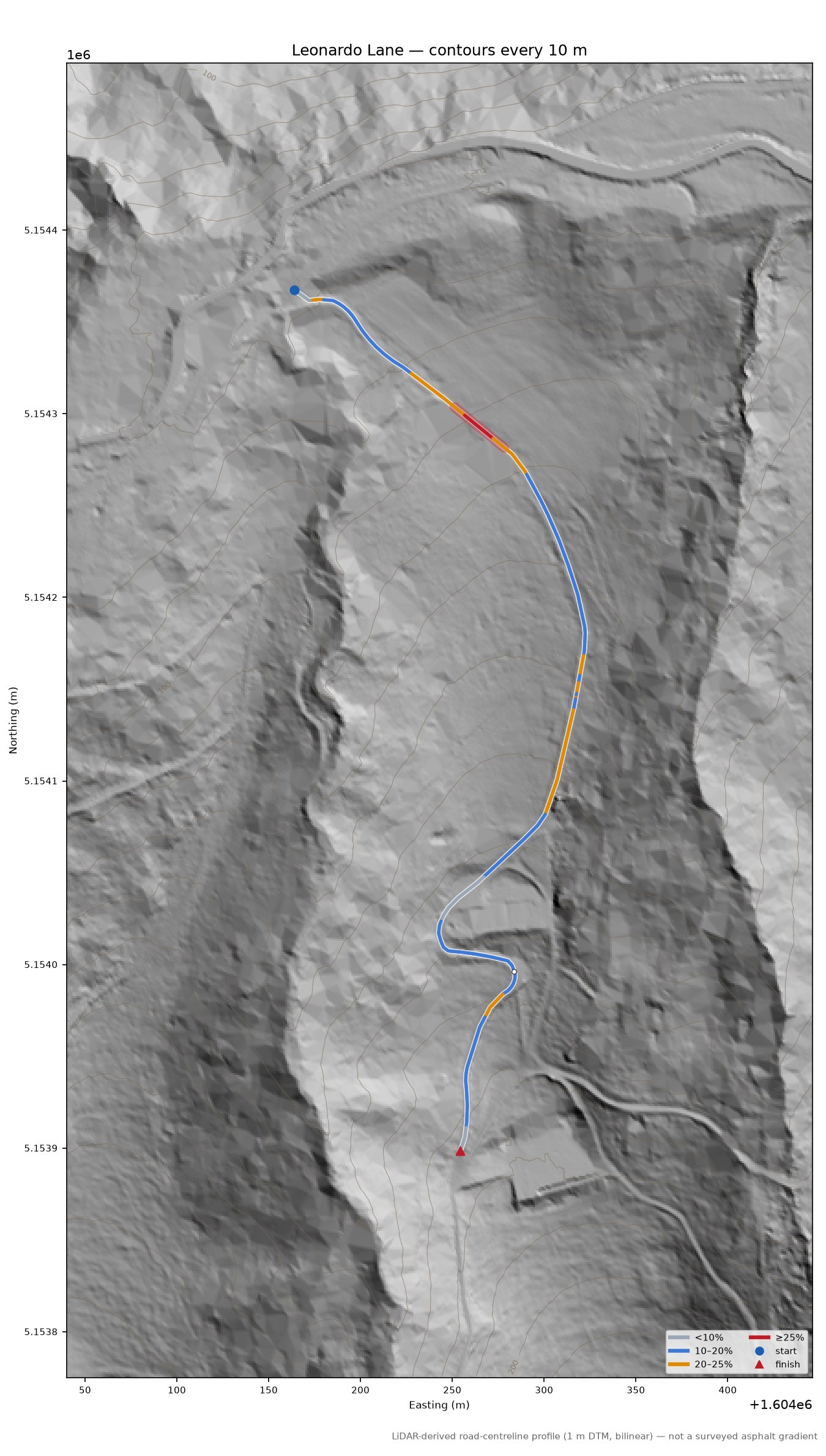 Leonardo Lane LiDAR hillshade map with contours
