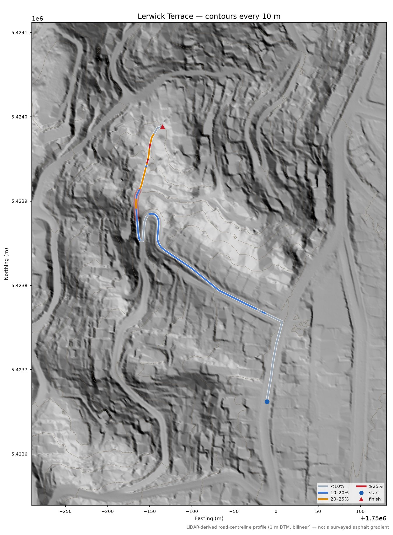 Lerwick Terrace LiDAR hillshade map with contours