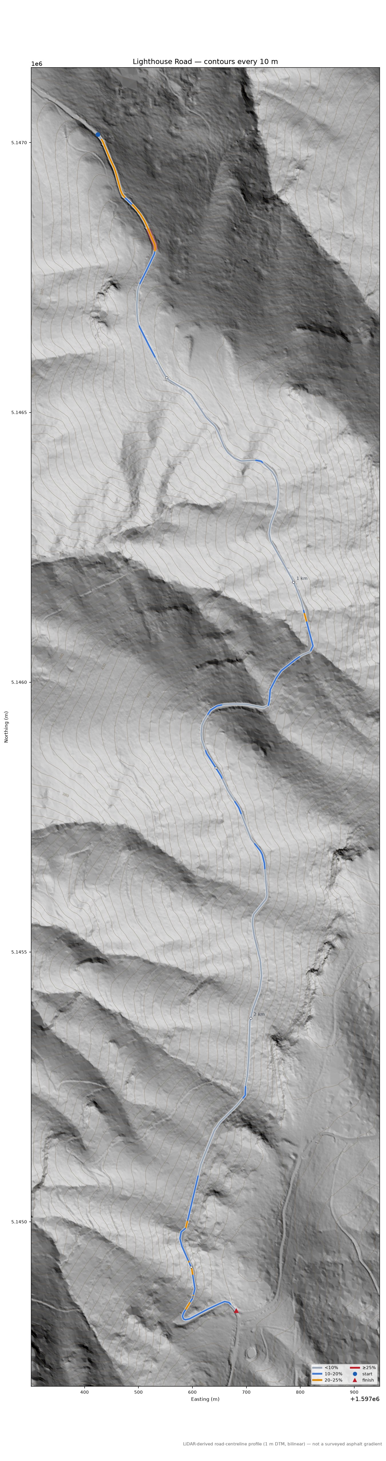 Lighthouse Road LiDAR hillshade map with contours
