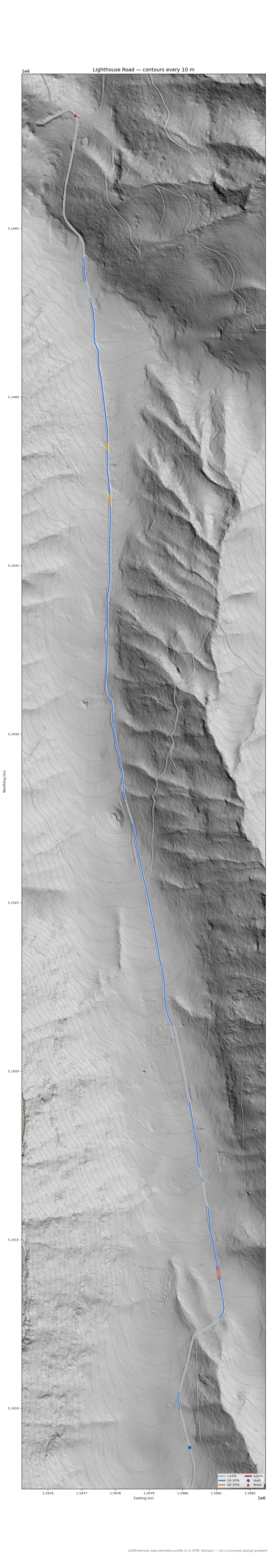 Lighthouse Road LiDAR hillshade map with contours
