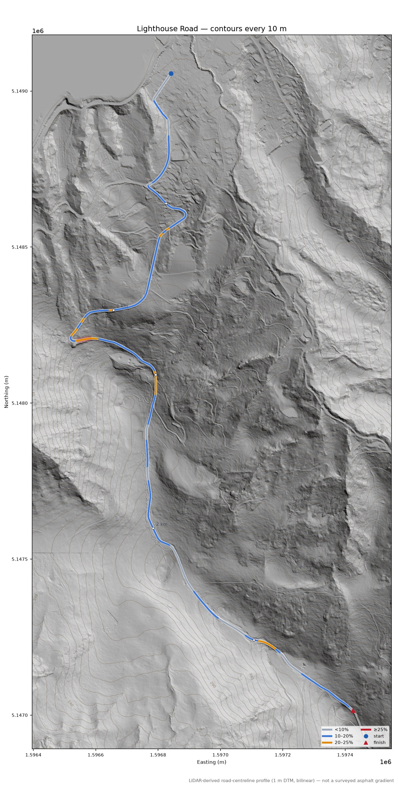 Lighthouse Road LiDAR hillshade map with contours