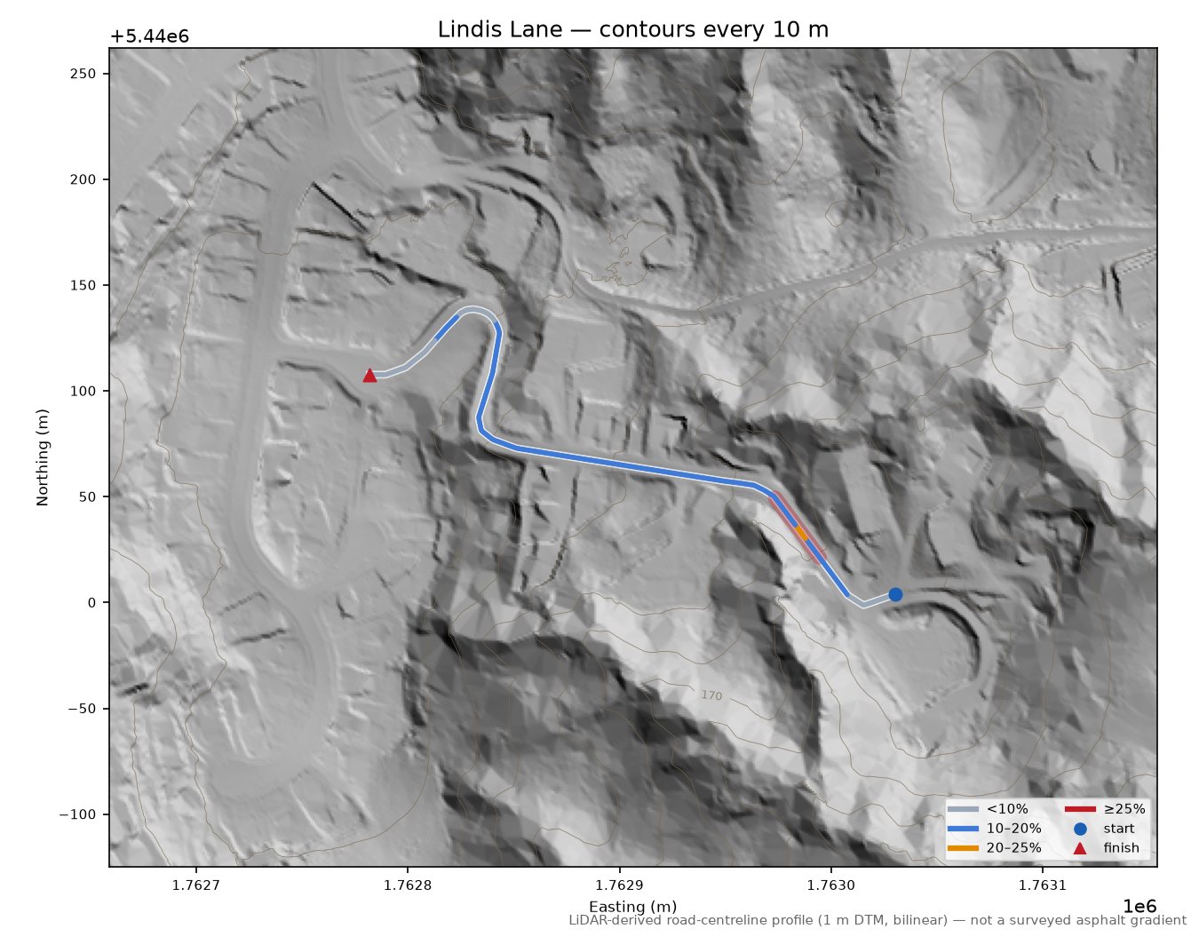 Lindis Lane LiDAR hillshade map with contours