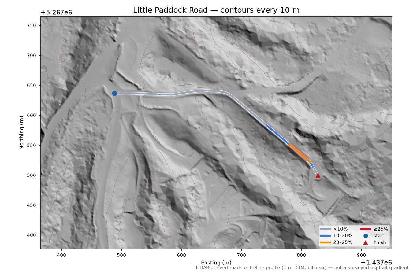 Little Paddock Road LiDAR hillshade map with contours