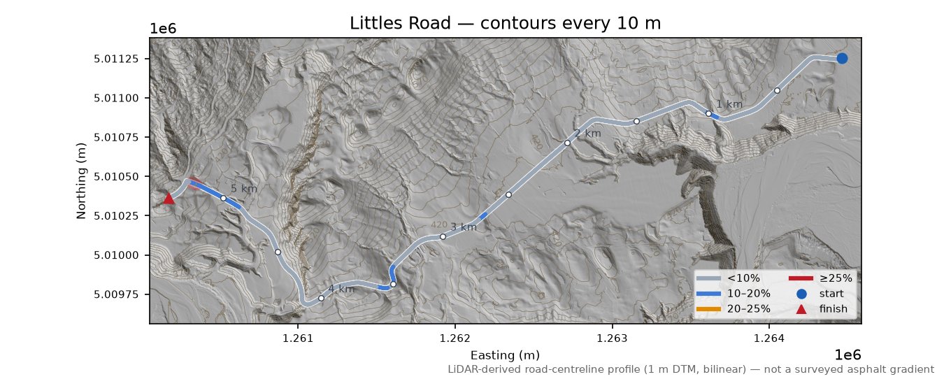 Littles Road LiDAR hillshade map with contours
