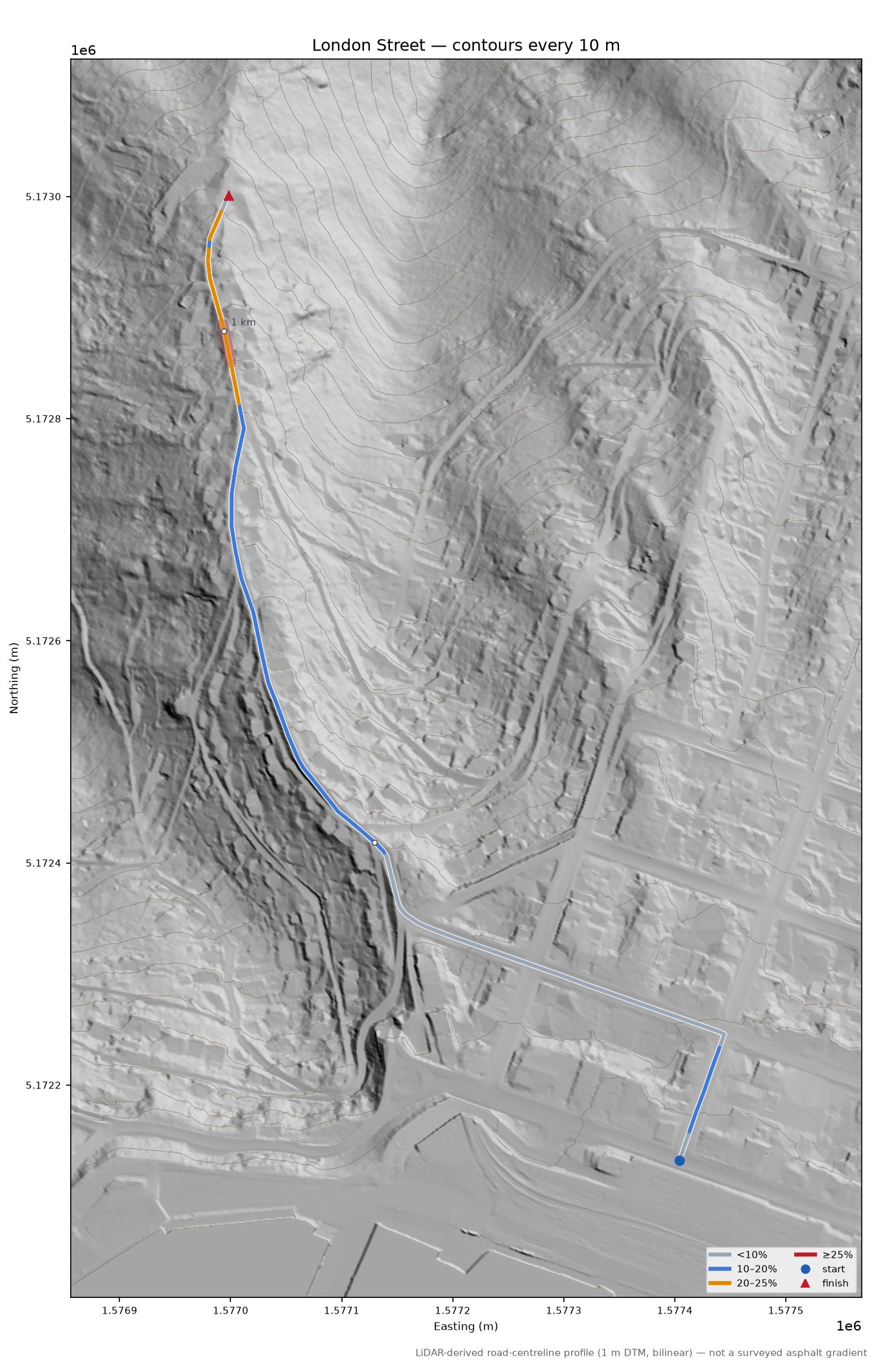 London Street LiDAR hillshade map with contours