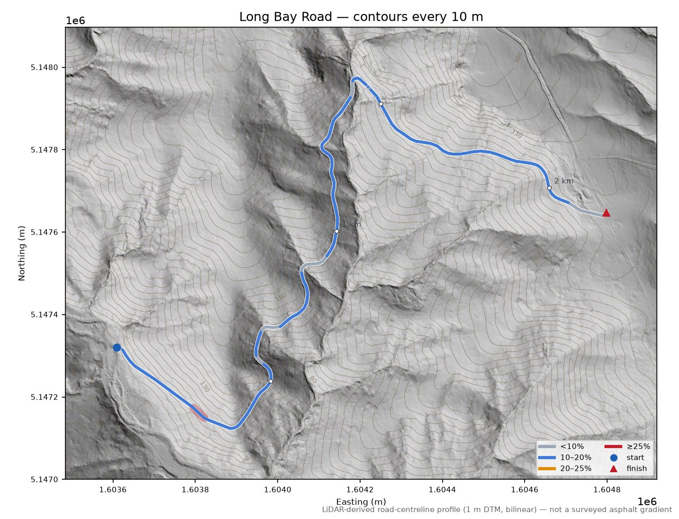 Long Bay Road LiDAR hillshade map with contours