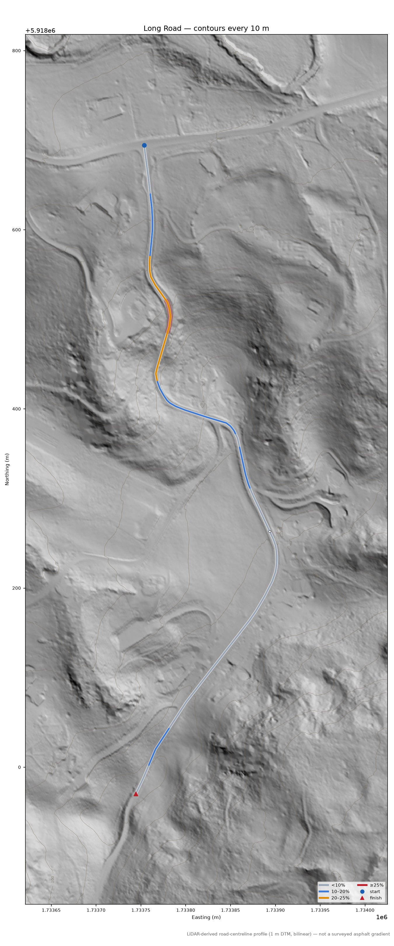 Long Road LiDAR hillshade map with contours