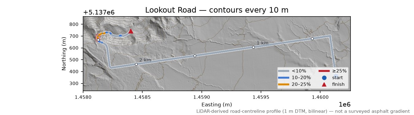Lookout Road LiDAR hillshade map with contours