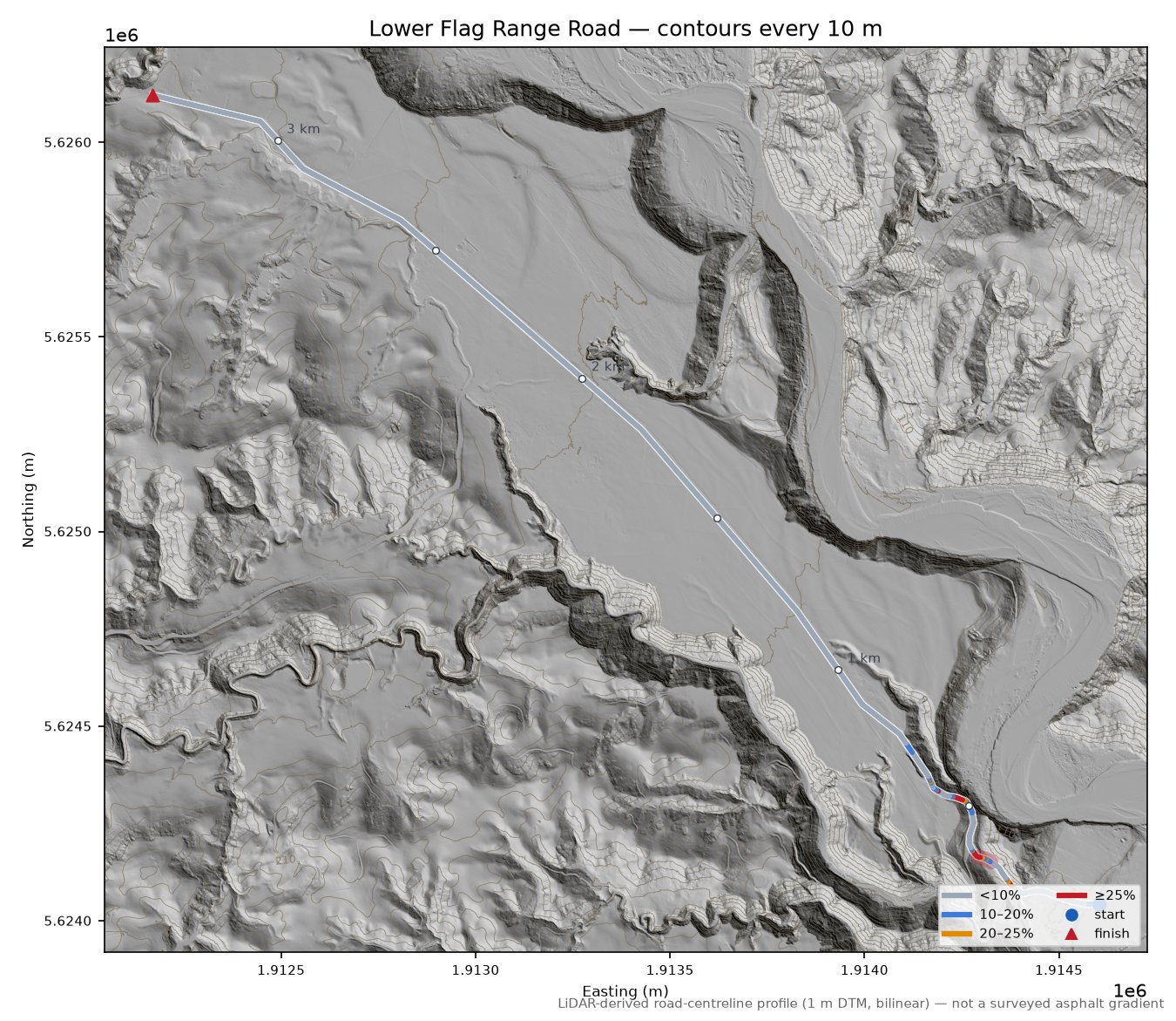 Lower Flag Range Road LiDAR hillshade map with contours