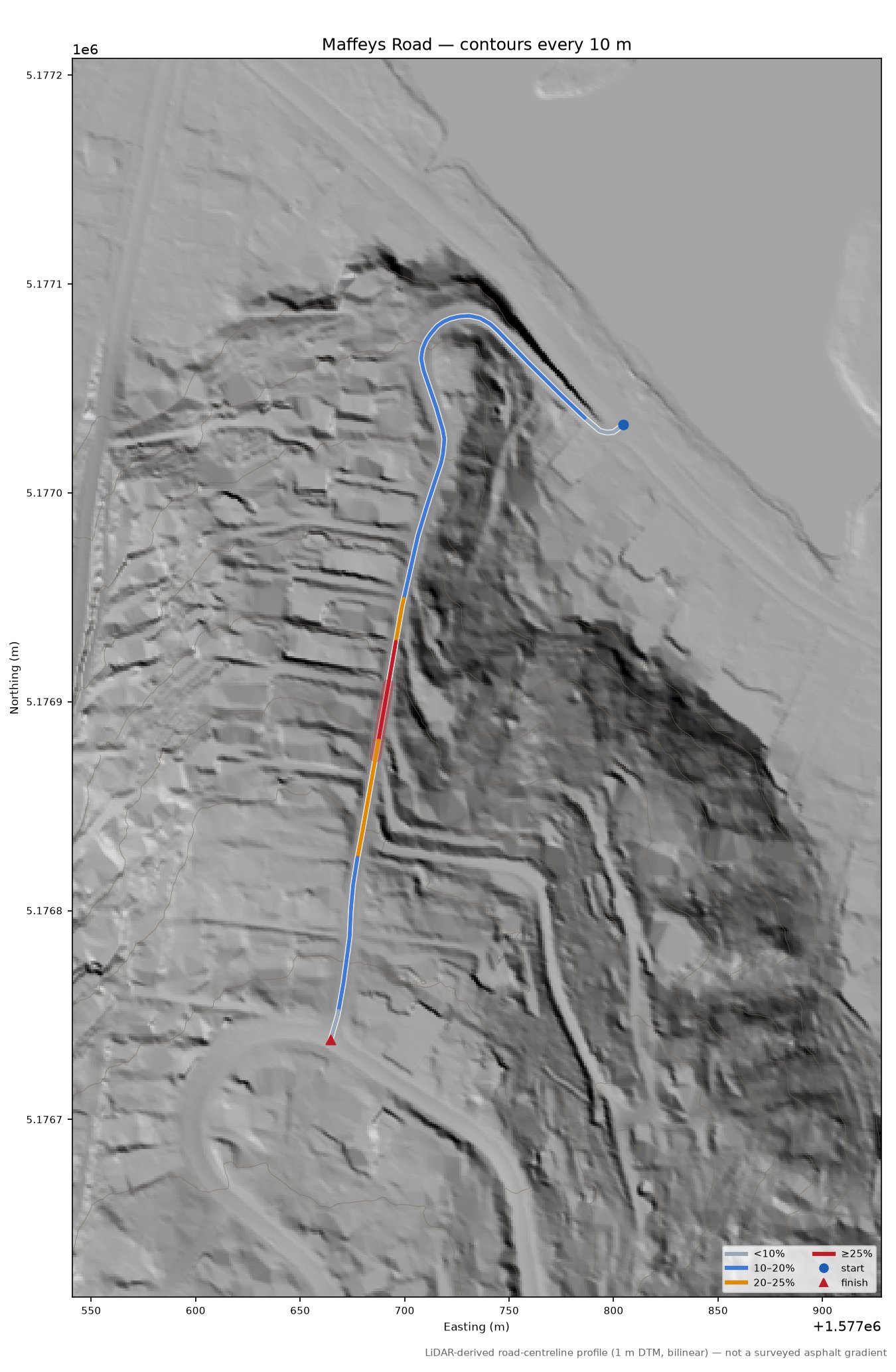 Maffeys Road LiDAR hillshade map with contours