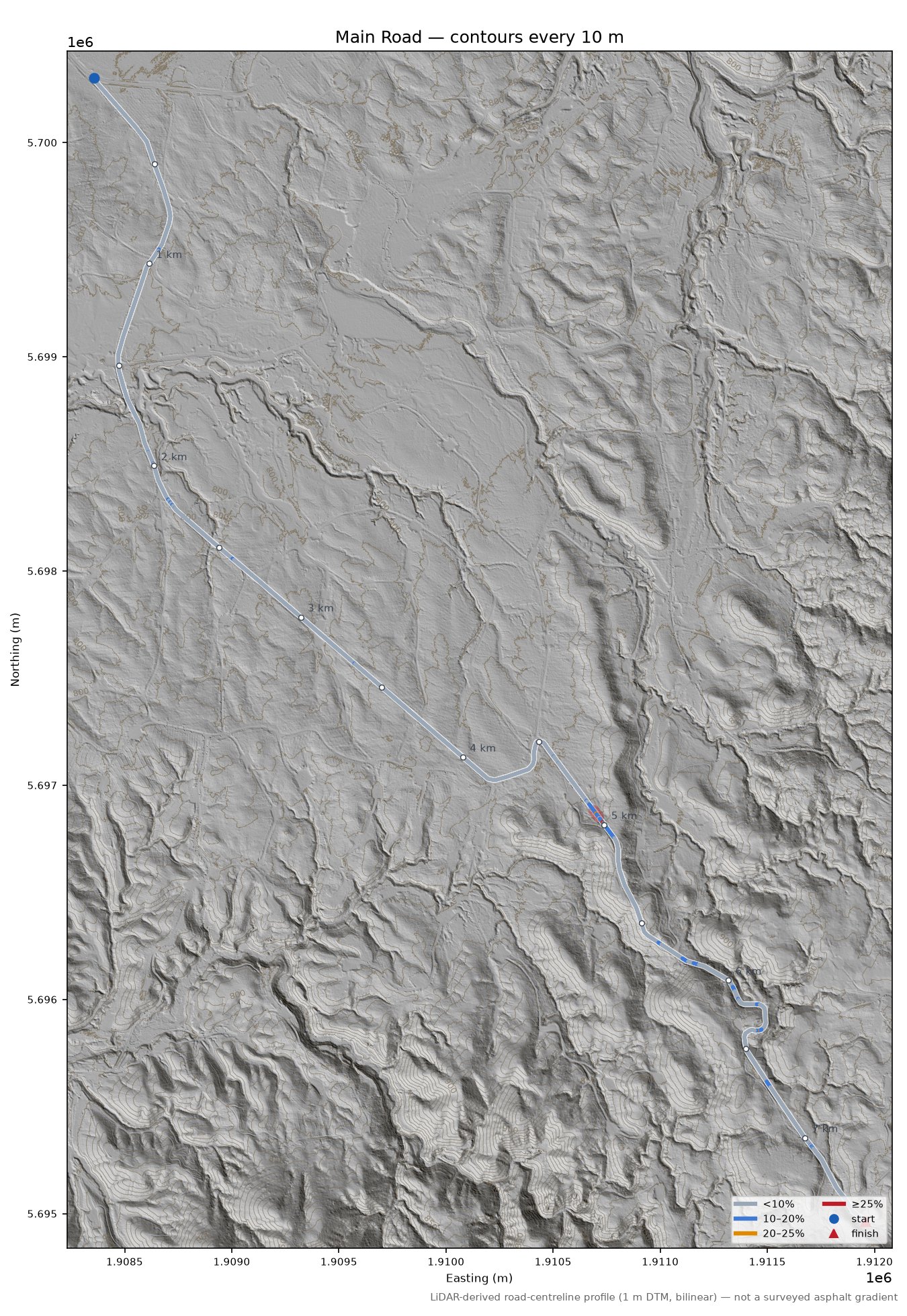 Main Road LiDAR hillshade map with contours