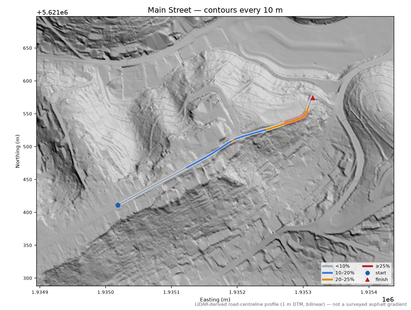 Main Street LiDAR hillshade map with contours